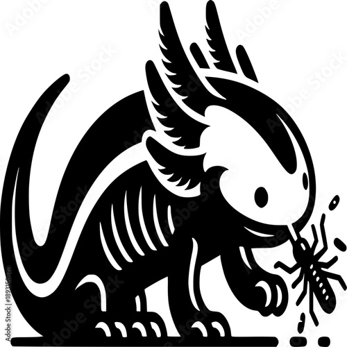 Axolotl with ant: A stylized axolotl illustration in black and white, depicting the fascinating amphibian with intricate details. A tiny ant becomes the object of axolotl's curiosity.