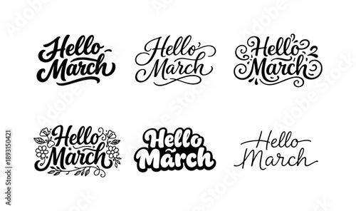 March Lettering Variations. Hello March. Set lettering. harmonious lettering variations of the same emblematic concept, each with different artistic