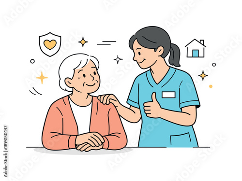 Caring Connection. Elderly care well-being. Elderly person smiling while caregiver offers reassurance with a positive gesture. Sense of safety, kindness, and