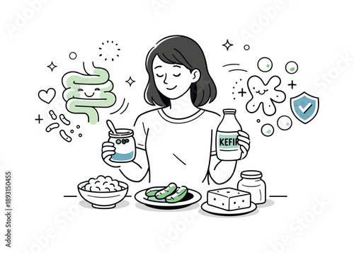 Probiotic Food Choices. Fermentation and probiotics in food ? gut health. Person choosing probiotic foods like yogurt or kefir, mindful and informed self-care