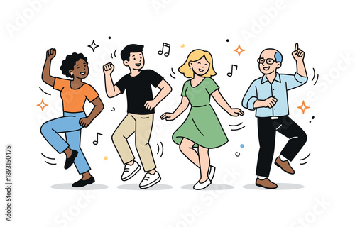Joyful Dance Gathering. People dancing together. A friendly editorial scene of people dancing side by side, moving freely and enjoying the rhythm. The mood