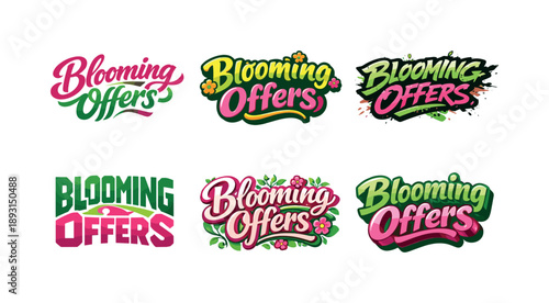 Creative Lettering Harmony. Blooming Offers. Set lettering. harmonious lettering variations of the same emblematic concept, each with different artistic