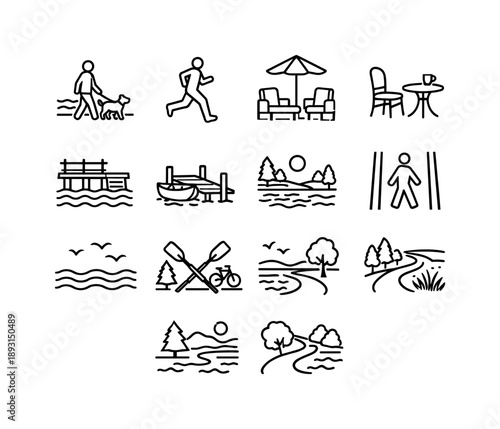 Waterfront Leisure Icons. Waterfront Leisure Icons. Line icon set of Waterfront Leisure Icons: walking dog along waterfront, person jogging silhouette, casual