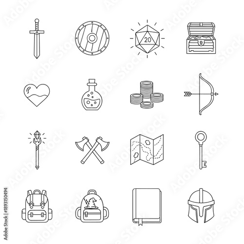 Fantasy rpg icon set with sword, shield, dice, treasure, heart, potion, coins, bow, staff, axes, map, key, backpack, book, helmet