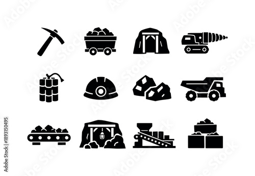 Mining Icons Collection. Mining resources. Solid icon set of Mining resources: mining pickaxe, ore cart, mine tunnel, drill machine, dynamite stick, safety