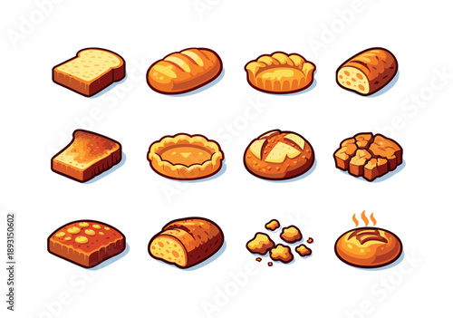 Colorful Bread Crust Icons. Crust. Colorful isometric vector icons set of Crust: bread crust slice, golden baked loaf, flaky pastry edge, crispy baguette end,