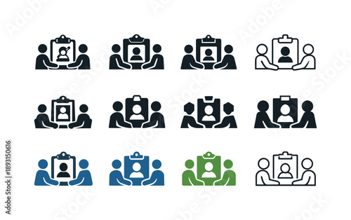 Parent-Teacher Meeting Icons. Parent-teacher meetings. Icon set. Set Logo of Parent-teacher meetings: clipboard with student profile between two figures.