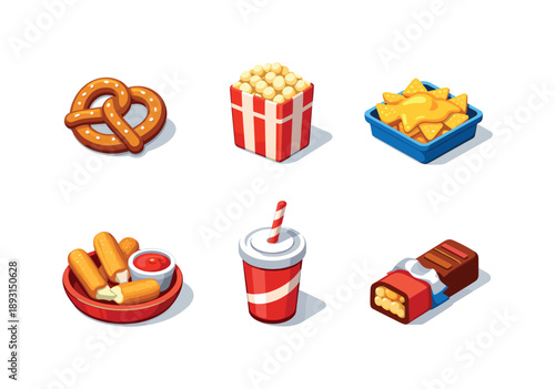 Snack Food Icons. Snack foods. Isometric flat vector icons set of snack foods: pretzel, popcorn bag, nachos with cheese, mozzarella sticks, soft drink cup,