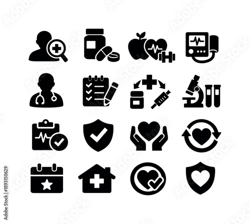 Chronic Care Icons. Chronic care timeline. Solid icon set of chronic care timeline: condition diagnosis icon, long-term medication, lifestyle plan, routine