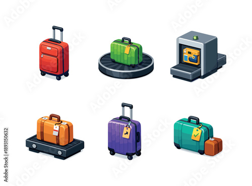 Airport Luggage Icons. Airport baggage. Isometric flat vector icons set of Airport baggage: airport luggage suitcase, baggage claim suitcase, security checked