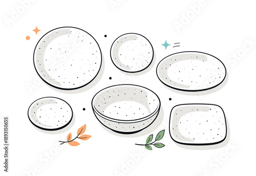 Modern Rustic Plates. Calm plate collection. A set of stoneware plates placed in a gentle grid or casual grouping, with visible speckled glaze and matte