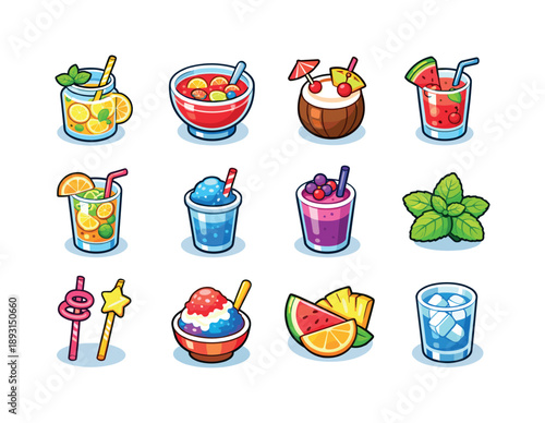 Summer Drink Icons. Summer drinks. Colorful isometric vector icons set of summer drinks: iced lemonade, fruit punch, pina colada, watermelon cooler, citrus