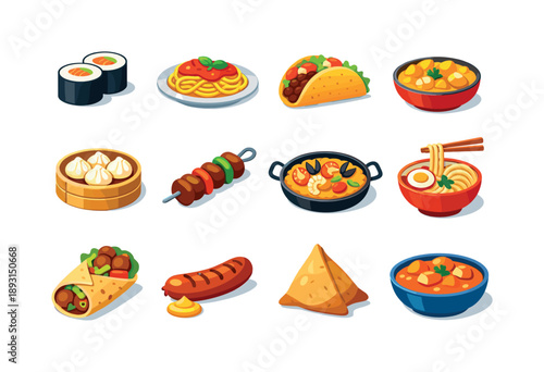 Global Cuisine Icons. International cuisine. Colorful flat vector icons set of international cuisine: sushi roll, spaghetti plate, taco, curry bowl, dumplings,