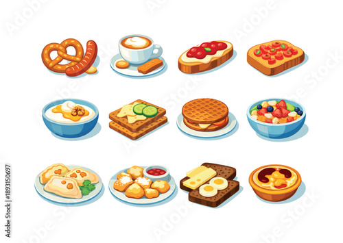 European Breakfast Icons. European breakfasts. Colorful flat vector icons set of European breakfasts: German pretzel and sausage, Italian cappuccino with