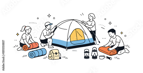 Backyard Camping Setup. Setting up backyard tents. People calmly assembling a tent on the grass, organizing sleeping bags and lanterns nearby.