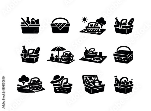 Picnic Basket Icons. Picnic baskets. Solid icon set of Picnic baskets: picnic hamper, basket with cloth, outdoor picnic, food packed basket, wine picnic