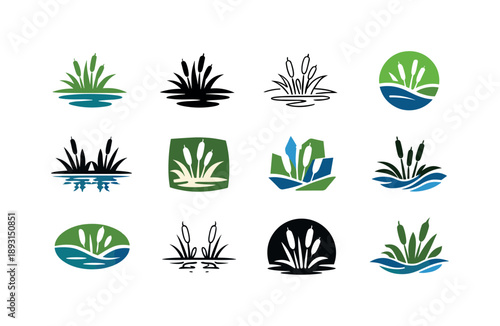 Lowland Icons Collection. Lowland. Icon set. Set Logo of Lowland: wetlands and reeds. harmonious logo variations of the same emblematic concept, each with
