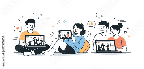 Virtual Concert Vibes. Virtual concerts and live-streamed events. Viewers watching a live concert on laptops and tablets, relaxed posture and shared