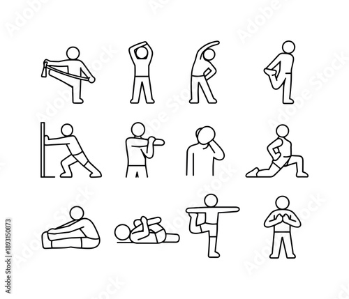 Stretching Icon Set. Stretching exercises. Line icon set of Stretching exercises: stretching strap, overhead stretch, side bend stretch, quad stretch, calf