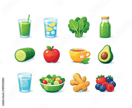 Colorful Detox Icons. Detox diet. Colorful flat vector icons set of detox diet: green smoothie, lemon water, leafy greens, detox juice bottle, cucumber slice,