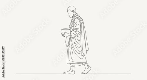 Minimalist continuous line art illustration of a Buddhist monk walking calmly while holding an alms bowl, side view, simple robe flowing naturally, peaceful and spiritual mood, single thin line 