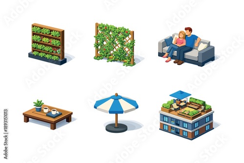 Isometric Rooftop Garden. Rooftop garden. Isometric flat vector icons set of Rooftop garden: vertical garden wall, climbing vines, people relaxing on sofa,