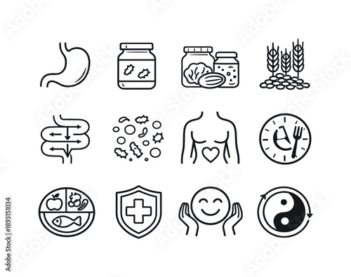 Gut Health Icons. Gut Health. Line icon set of Gut Health: stomach icon, probiotics jar, fermented foods, fiber grains, digestion flow, microbiome dots,
