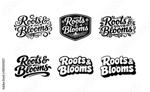 Roots and Blooms. Roots and blooms. Set lettering. harmonious lettering variations of the same emblematic concept, each with different artistic interpretation