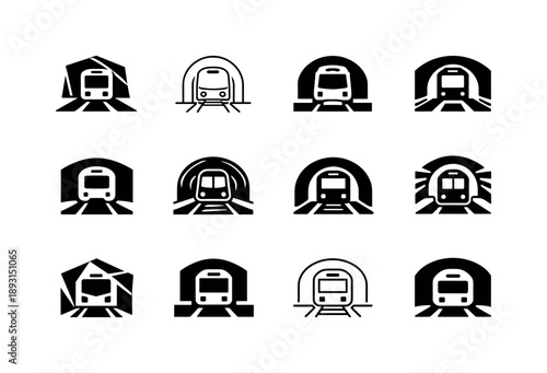 Metro Icon Variations. Metro. Icon set. Set Logo of metro: train entering station platform. harmonious logo variations of the same emblematic concept, each