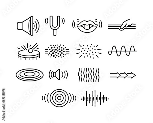 Sound Wave Icons. Sound Wave Creation. Line icon set of Sound Wave Creation: vibrating speaker cone, tuning fork vibration, vocal cords vibration, plucked
