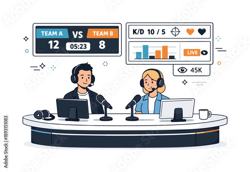 Estudio de Streaming Esports. Esports live streaming studio. A commentator desk with microphones, monitors, and simple interface graphics showing live stats.