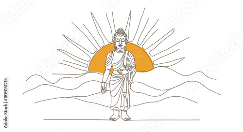 Minimalist Buddha line art illustration, standing Buddha figure wearing traditional robe, calm and peaceful expression, thin clean outline, monochrome line art with warm orange sun halo 