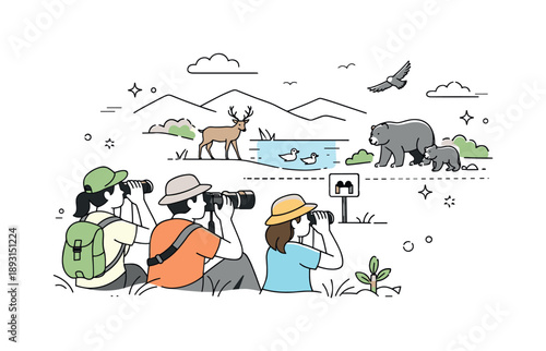 Eco-Friendly Wildlife Watching. Wildlife observation responsibly. People with binoculars or cameras watching animals from a safe distance in natural habitats,