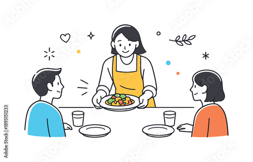 Warm Dish Presentation. Recipe step serving. A calm scene showing a person placing a finished dish on the table or serving to others, emphasizing enjoyment and