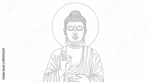 Buddha statue illustration with halo and prayer hands.