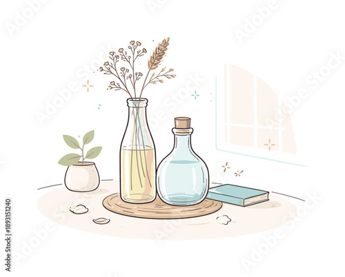 Minimalist Glass Elegance. Glass bottle minimal set. A table scene with two elegant glass bottles and dry flowers in soft daylight. Calm home styling with