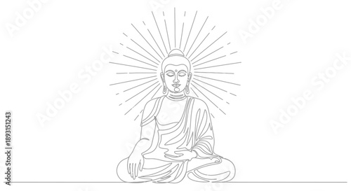 Minimalist Buddha line art illustration, sitting in lotus meditation pose, calm and peaceful expression, thin clean outline, monochrome black line on white background, symmetrical composition, sacred 