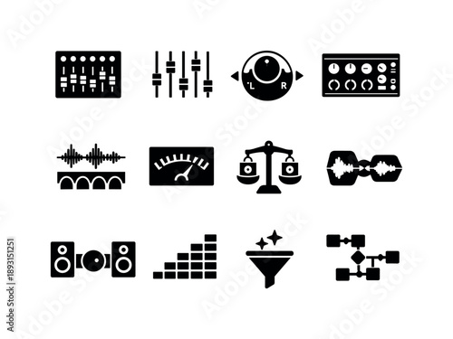 Audio Mixing Icons. Audio mixing process. Solid icon set of Audio mixing process: mixing board, volume faders, pan controls, effects plugins, reverb wave,