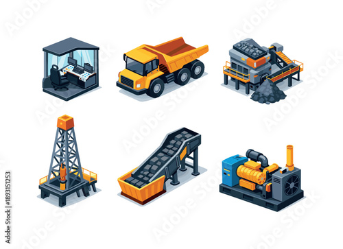 Isometric Mining Icons. Mining Operations. Isometric flat vector icons set of Mining Operations: operator cabin with controls, articulated dump truck, crusher