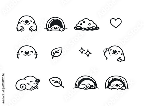 Cute Mole Icons. Cute mole style. Line icon set of Cute mole style: chubby mole, tiny nose, round paws, simple burrow, soft soil mound, little heart, smiling