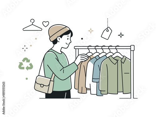 Mindful Thrift Shopping. Thrift store people. A person browsing a secondhand clothing rack, gently moving hangers, showing calm discovery and mindful shopping.