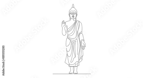 Buddha Statue Standing in Robes Outlined.