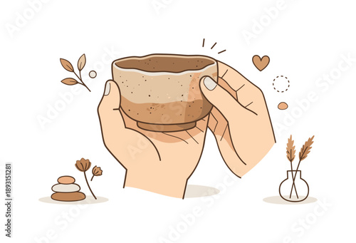 Wabi Sabi Harmony. Wabi sabi home objects. A person gently holding a handmade ceramic cup with an uneven edge, showing appreciation for texture, irregularity,