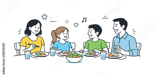 Warm Family Dinner. Family dinner time. Parents and children sitting at the table with plates and glasses, relaxed conversation and smiles. Clean editorial