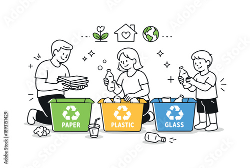 Family Recycling Together. Recycling together at home. Family separating paper, plastic, and glass with simple gestures. Everyday sustainability and mindful