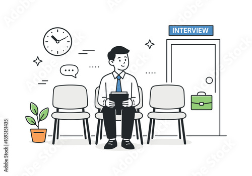 Waiting for Interview. Job interview waiting. Candidate sitting calmly with documents while waiting to be called. Quiet anticipation and professional
