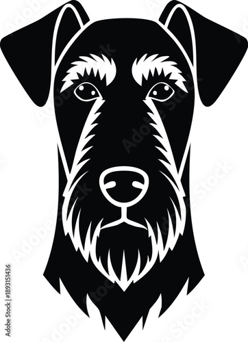 Black and white Airedale Terrier face portrait vector illustration for pet breed and animal lover design concepts