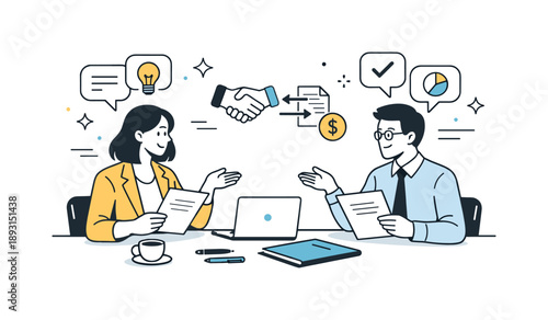 Professional Negotiation Exchange. Negotiation scene. Two professionals sitting at a table exchanging documents and ideas, calm discussion and balanced