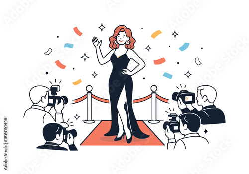 Cinematic Glamour Moment. A movie star on the red carpet, posing for photographers celebration night. A festive editorial scene with soft confetti shapes,
