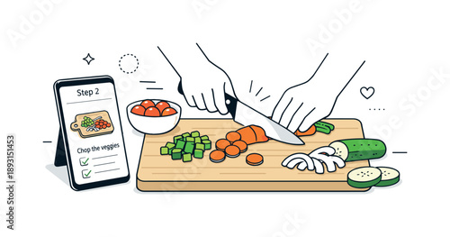 Guided Vegetable Chopping. Following a recipe on screen. Hands chopping vegetables while a smartphone nearby shows step-by-step cooking instructions. The